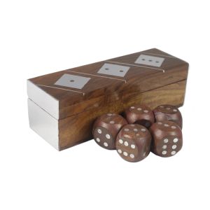 Sheesham Wood Dice Box 13cm - Nickel Finish With 5 Dice