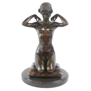 Kneeling Lady Foundry Cast Bronze Sculpture On Marble Base 31cm
