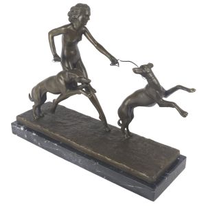 Lady with 2 Dogs Foundry Cast Bronze Sculpture On Marble Base 42cm