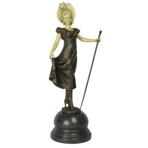 Lady Holding Stick Foundry Cast Bronze Sculpture On Marble Base 40cm