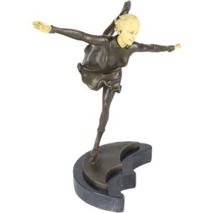 Lady Skating Foundry Cast Bronze Sculpture On Marble Base 31cm