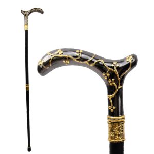 Gold and Black Plum Blossom Flower Swagger Cane Walking Stick - 94cm