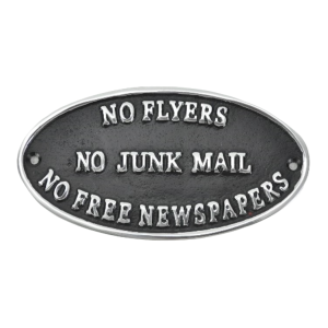 No Flyers No Junk Mail Sign - Polished Aluminium 17cm