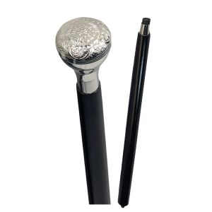 Nickel Finish Engraved Flower Round Top Swagger Cane/Walking Stick  93cm