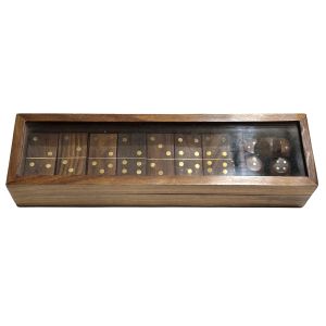 Domino, Dice Set Sheesham Wood / Nickel Plated With Glass Lid - 20cm