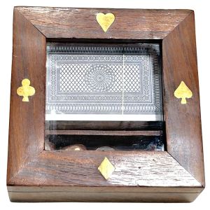 Card Dice Set Sheesham Wood / Nickel Plated With Glass Lid - 12cm  