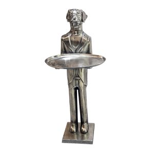 Dog With Plate - 100cm Nickel Plated Aluminium