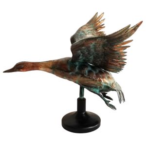 63.5cm Aged Copper/Verdigris Finish 3D Flying Goose Statue On Heavy Metal Base