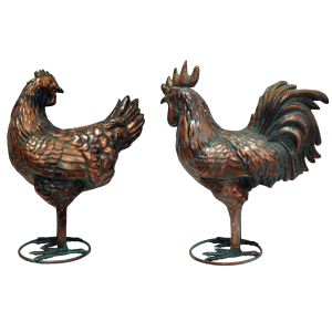 Pair of Aged Copper/Verdigris Finish 3D Rooster/Hen Statues On Heavy Metal Base - 48cm
