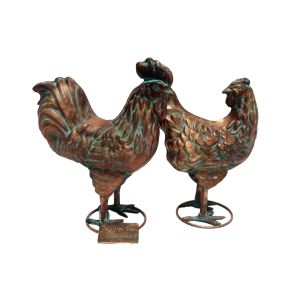Pair of  Aged Copper/Verdigris Finish 3D Small Rooster/Hen Statues On Heavy Metal Base - 27.5cm