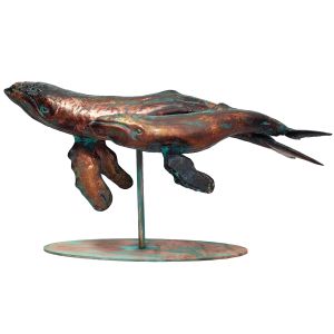 46cm Aged Copper/Verdigris Finish Humpback Whale Mother & Son Statue On Heavy Metal Base