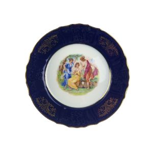 Rich Cobalt Blue Porcelain Gilded Plate With People 25cm