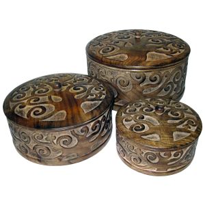 Mango Wood Tree Of Life Design Set/3 Round Boxes  30cm