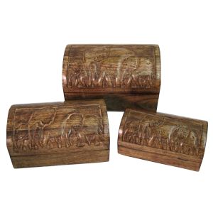 Mango Wood Elephant Large Set Of 3 Domed Boxes 30.5cm