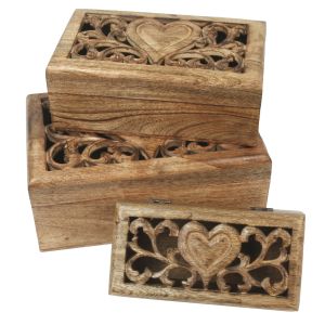 Mango Wood Set/3 Oblong Boxes Heart Carvings Design 28cm