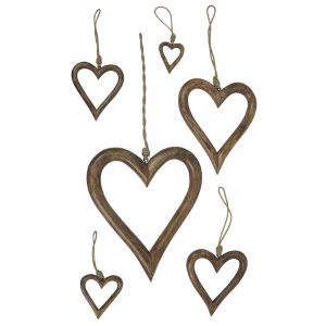 Mango Wood Set Of 6 Hanging Hearts 36cm