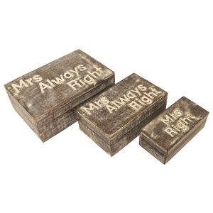 Mango Wood Set/3 Mrs Always Right Boxes 23.3cm Burnt White Finish