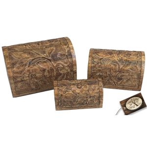 Mango Wood Set Of 3 Flower Domed Boxes 23cm