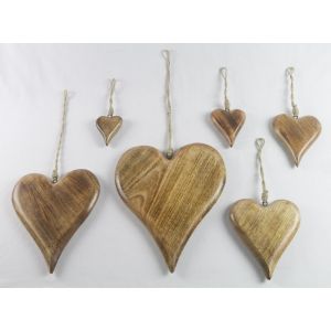 Mango Wood Set Of 6 Hanging Hearts 34cm