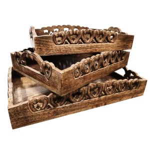 Set of 3 Trays - Cutwork Heart Burnt 46cm