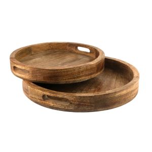Mango Wood Set of 2 Plain Circular Trays - 35.8cm