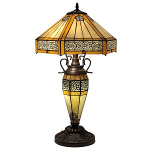Mission Style Fretted Stained Glass Double Lamp With Resin Base Medium - 56cm