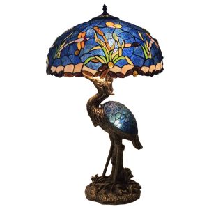 80 x 46cm Japanese Crane Tiffany Lamp - Riverbank and Dragonfly - Bronze Finish