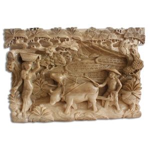 Hand Carved Wooden Ploughing Wall Hanging Natural Polished - 32cm