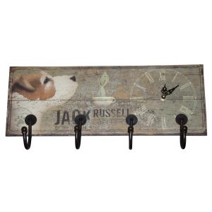 40cm Jack Russell Wall Hanger (4 Hooks) With Clock *MIN QTY 2*