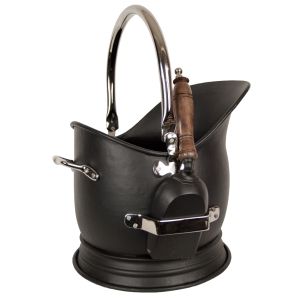 Black Coal Bucket, Scuttle With Shovel - Nickel Finish Handles 45cm