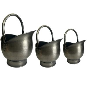 Set of 3 Round Coal Buckets Antique Pewter Finish - 44cm  
