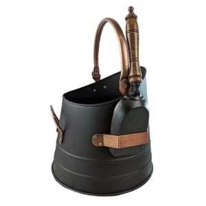 Round Bucket, Scuttle With Shovel - Black and Copper 37cm