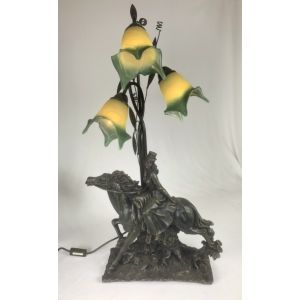 Lady Horse Lamp with 3 Amber/Green Shades 